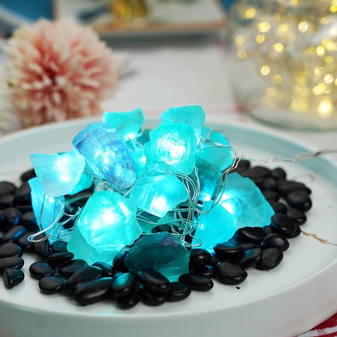 BOHON Natural Fluorite String Lights Battery Operated with Remote Sea Glass Raw Stones Decorative Lights 6.5ft 20 LEDs for Bedroom Party Indoor Christmas Wedding Decor