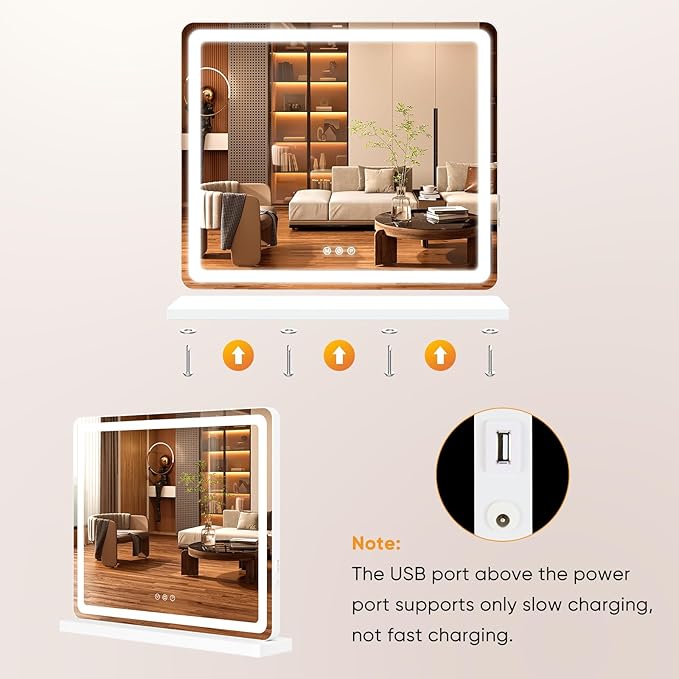 NEWBULIG 20"x22" LED Vanity Mirror with Lights, Lighted Smart Tabletop Makeup Mirrors for Desk, Touch Control Dimmable Brightness, 3 Color Lighting Modes