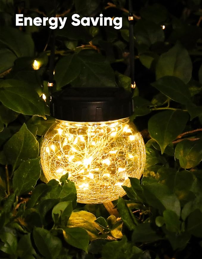 PARTPHONER Solar Lights Outdoor Waterproof 12-Pack, Solar Powered Hanging Lantern Cracked Glass Hanging Globes for Yard Decor Christmas Decoration, Shepherd Hook, Garden Tree Table Ornaments, Warm