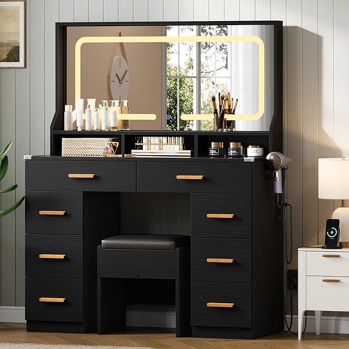 IDEALHOUSE Vanity Desk with Mirror and Lights, Makeup Table with Glass Top & 8 Drawers, 3-Color LED Mirror, Power Outlets & USB, Hair Dryer Holder, Stool Included, Dressing Table Set for Bedroom