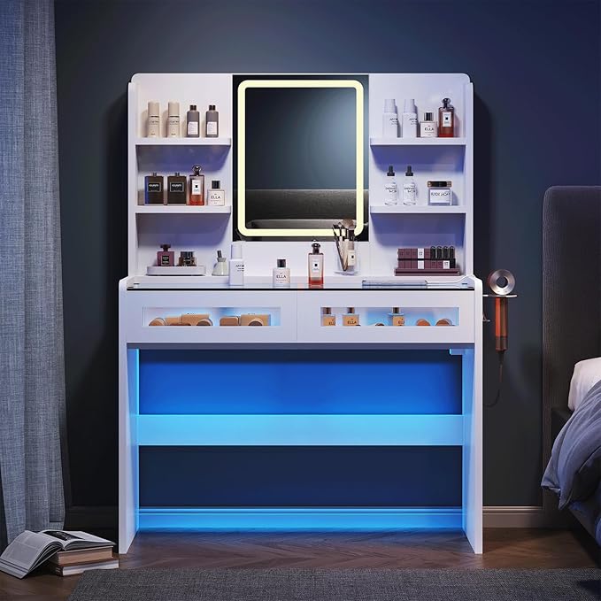 Vanity Desk with LED Lights Mirror & Power Outlet, Transparent Top Vanity with 2 RGB Drawers, 3 Lighting Modes & Adjustable Brightness, Dressing Table for Women Girls Bedroom, White