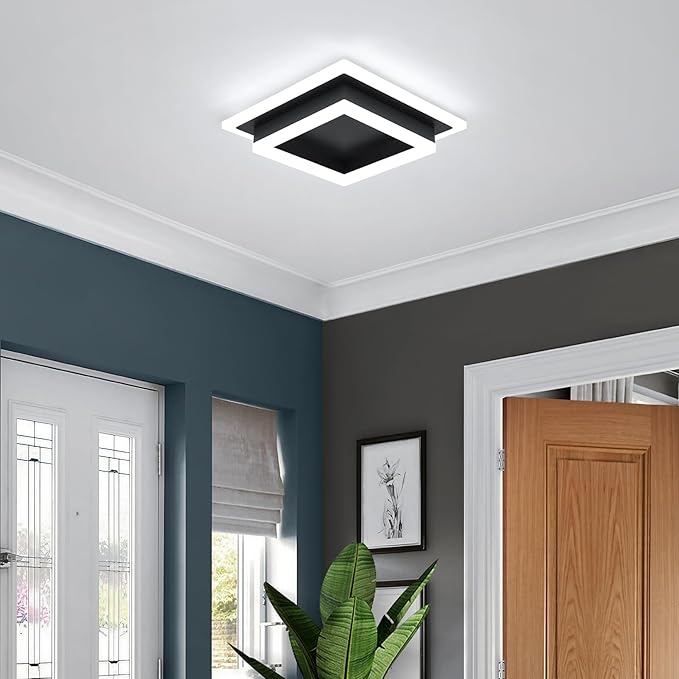 Modern LED Ceiling Light, Hallway Flush Mount Ceiling Light, 32W, 6000K, Black Square Hallway Lighting Fixtures for Living Room Kitchen Bedroom (Black) 2 Pack
