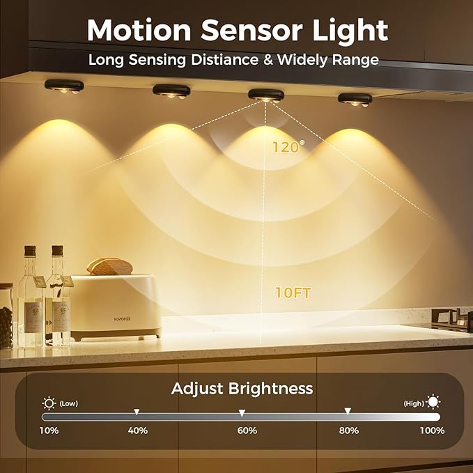 LED Motion Sensor Puck Lights, Small Rechargeable Under Cabinet Light, Dimmable Warm White Closet Lights, Wireless Under Cabinet Lighting for Drawer, Kitchen (6 Pack, Black)