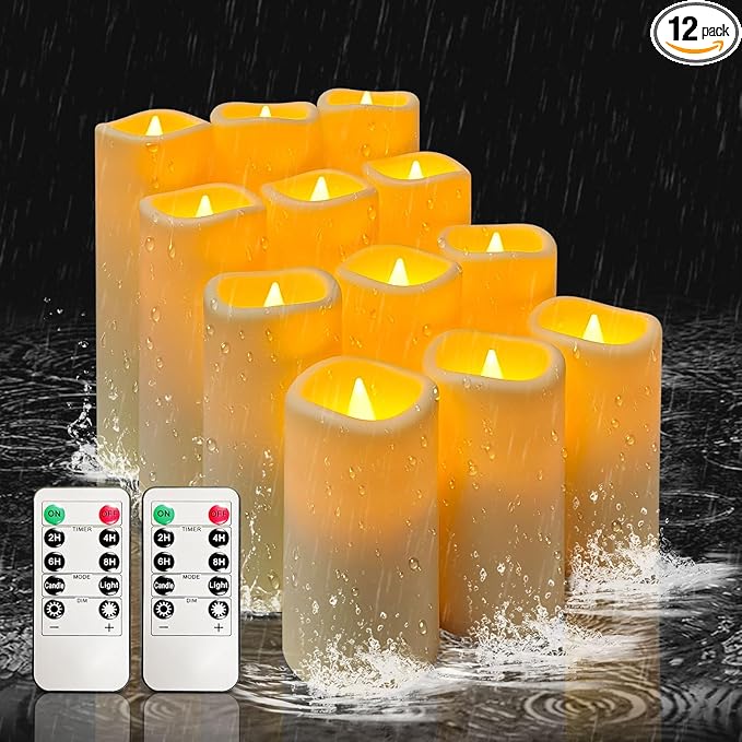 YIWER Waterproof Outdoor Flameless Candle, 12 Pcs Plastic Candles Pillars, 4" 5" 6" 7" LED Candles and 10-Key Remote Control with 2/4/6/8-hours Timer Function,300+ Hours (12, Ivory)