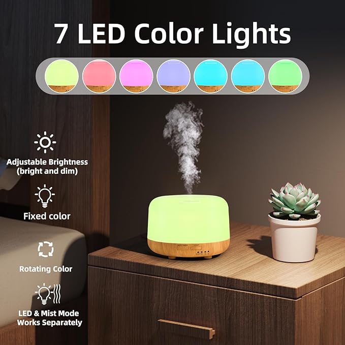 Aromatherapy Essential Oil Home Diffuser with Remote Control, 300ML Large Room Cool Mist Air Humidifier, 8 Hours Quiet Operation, Timer, 7 Colors LED Night Night，Suitable Home,Yoga.