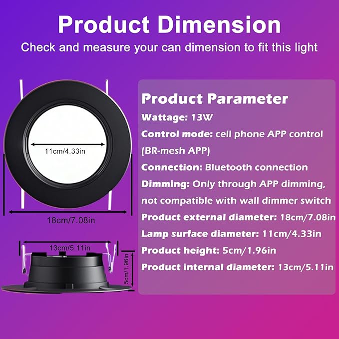 Black 5/6inch Color Changing LED Can Lights,4Packs Retrofit LED Recessed Lighting,13W 1050LM Smart Recessed can Light,Compatible with Alexa,Bluetooth APP Control,for Bedroom Kitchen Livingroom