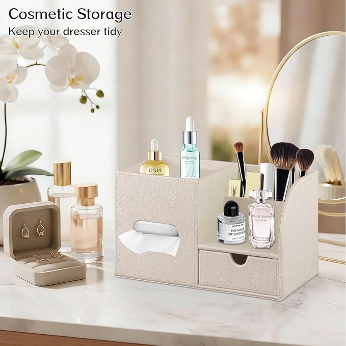 Fanousy Square Tissue Box Cover with Drawer Storage and Tray on Top, PU Leather Tissues Cube Boxes Holder, Modern Nightstand Organizer Caddy, Remote Control Holder for Bathroom, Bedside, Office, Home