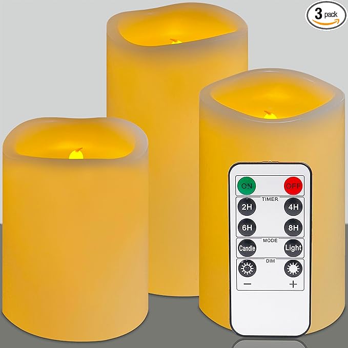 flameless Pillar Candles with Remote,Candles Battery Operated, Led Candles Flickering Real Wax Pack of 3, Christmas Home Wedding Birthday Decor(Classic Ivory)