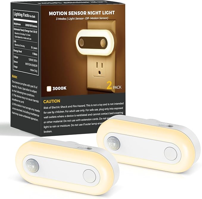 Plug-in LED Night Light with Motion Sensor & Dusk to Dawn Sensor, Dimmable Warm White Nightlight 30-100LM Adjustable Sleep Night Lights Plug Into Wall for Bedroom, Bathroom, Stairs, Hallway, 2 Pack
