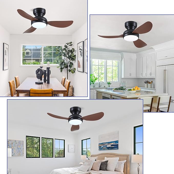 36 Inch Ceiling Fans with Lights, Small Flush Mount Ceiling Fan, Remote/APP Control, 3 Reversible Curved Blades, 6 Speeds, 3 CCT Dimmable Lights for Bedroom Kids Room, Brown
