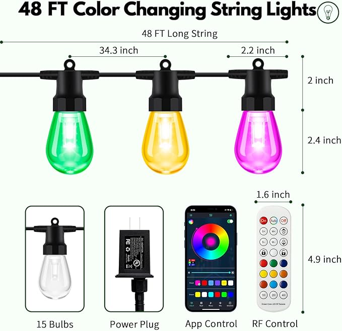 Outdoor String Lights Color Changing - 48FT Sync with Music Led Patio Lights Outdoor Waterproof with App and Remote Hanging 15 RGB Bulb Create Ambience for Garden, Cafe, Backyard, Christmas, Party