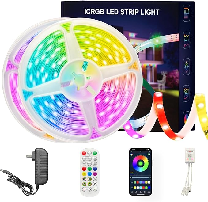 Led Lights for Bedroom 200FT Smart IC+RGB, Music Sync Color Changing Strip Lights, 24Key Remote+App Control Light Strip for BedHead,Underbed,Ceiling,Background Wall(2Rolls of 100FT)