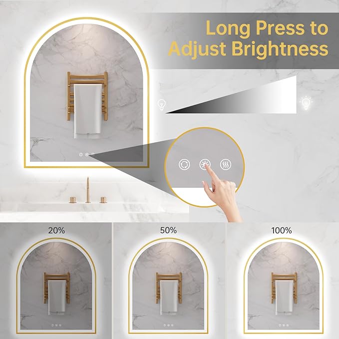 30"x36" Arched LED Mirror for Bathroom, Brushed Gold Lighted Bathroom Mirror with Lights, Fogless, Dimmable, Shatterproof, Touch Sensor, 3 Color Changing