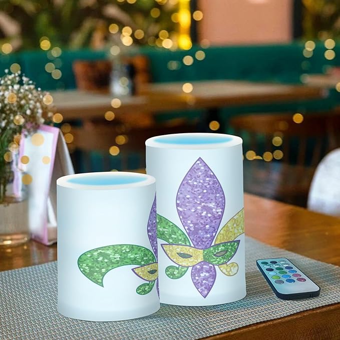 YETTASBIN Mardi Gras Flameless Candles with Remote Control and Timer, Adjustable Brightness Long Lasting Battery Operated LED Pillar Candles for Indoor Outdoor Party Home Decor, 2 Pack