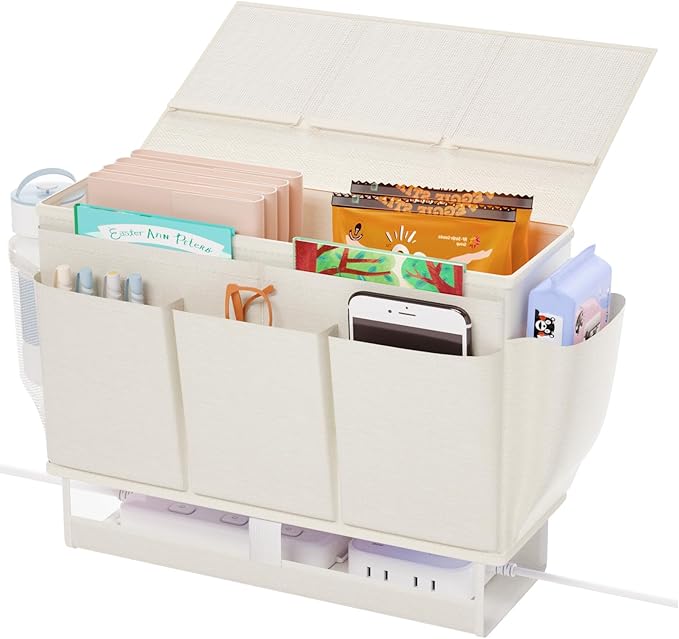 Bedside Caddy Bedside Organizer,Bed Caddy with 11 Pockets and Power Strip Holder,Versatile Bedside Storage Caddy for Home,Dorm,Bunk,Hospital,Crib Bed (White)
