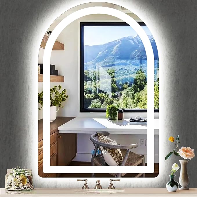 38 x 26 Inch Bathroom Arch Vanity Mirror with Light Arch LED Mirror for Bathroom Wall Table Arched Lighted Mirror Anti Fog Dimmable 3 Color 38" Half Round Arched Smart LED Light up Mirror