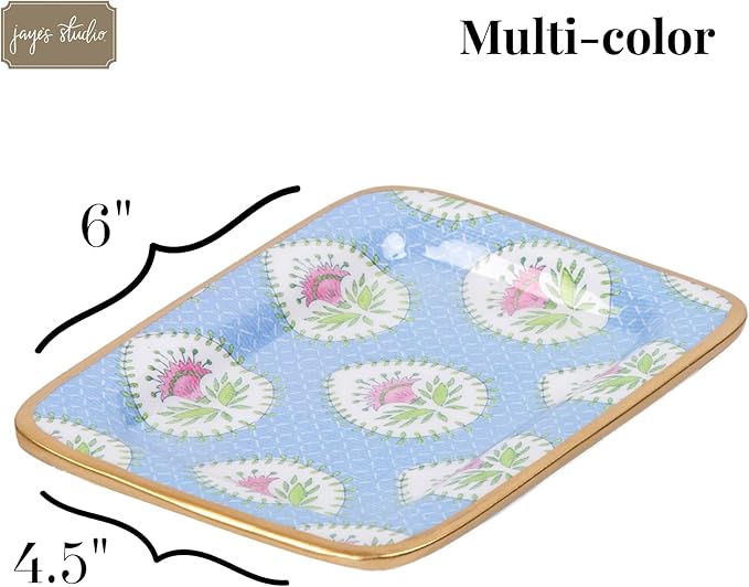 Jaye’s Studio Decorative Trinket Tray, Jewelry Plate, Catchall Dish for Bathroom, Dresser, Nightstand, Entryway, Blue and Pink, Chinoiserie Dish, Gold Tray, Daphne Laney Collection