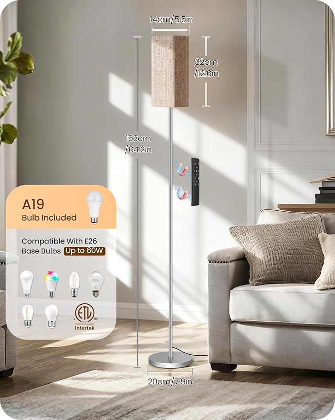 64.2'' Dimmable Floor Lamp for Living Room with Remote and Foot Switch, Corner Floor Lamp for Bedroom, Includes 10W A19 Bulb, Modern Standing Tall Lamp, ETL Listed Silver and Beige SE17LD05