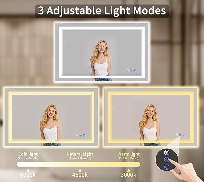 36"x48" LED Bathroom Mirror with Lights, Anti-Fog, Backlit + Front Lit, Dimmable, Led Vanity Mirror for Wall, Lighted Bathroom Mirror, 3 Colors, Shatter-Proof Tempered Glass