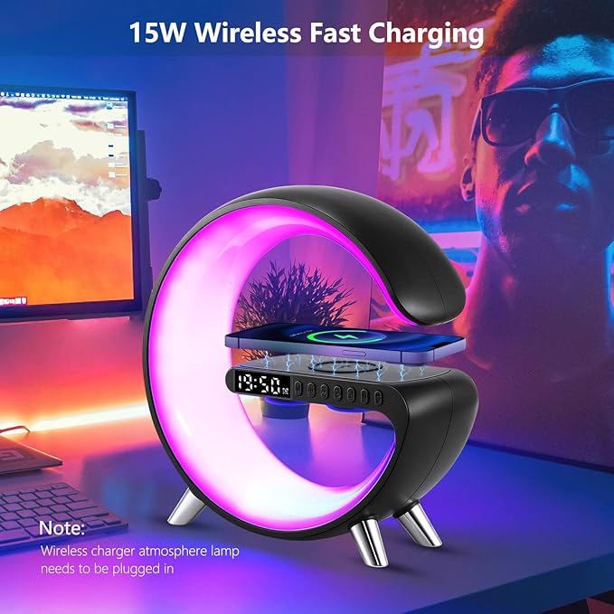 Wireless Charger Atmosphere Lamp, 2026 New Intelligent LED Table Lamp, Bluetooth Speaker, Dimmable Night Light Bedside Lamp Alarm Clock with Music Sync, App Control for Bedroom Home Decor Gift (Black)