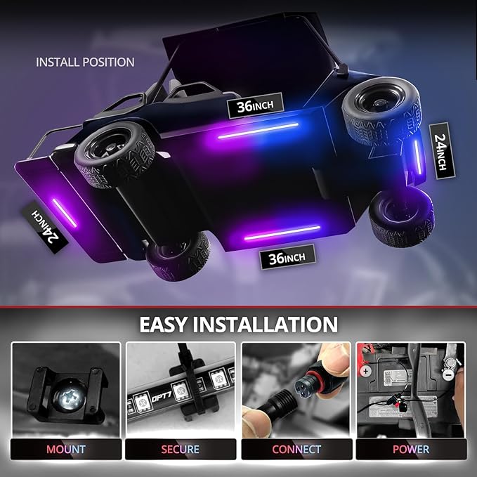 OPT7 12V Aura DreamColor Golf Cart Underglow LED Light Kit with App & Remote Control, 4PC Waterproof Multicolor Light Strips, Music Neon Accent Chasing Lighting for EZGO Yamaha Club Car, Easter Gift