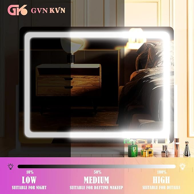 Makeup Vanity Mirror 24" x 19" Large LED Makeup Mirror, Desk Mirorr with Lights, Light up Mirror with 10X Magnification and, Dimmable 3 Modes, Touch Control White