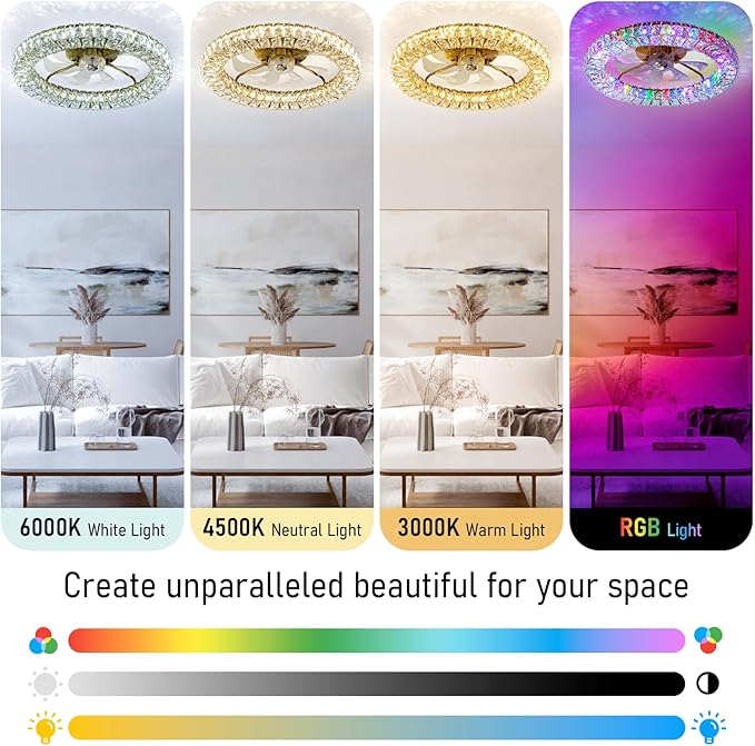 RGB Ceiling Fans with Lights, 22" Low Profile Ceiling Fan with Lights Remote for Bedroom,Smart Bladeless LED Fan Light,Gold Modern Flush Mount Ceiling Fan Light with Remote/APP Control