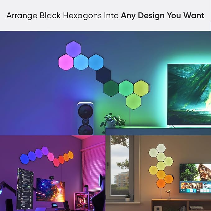 Nanoleaf Shapes LED Wall Lights, RGBW Smart Wall Panels with 16M+ Color, Compatible with Alexa & Google Assistant, Music Sync, DIY Gaming Light for Home Decor (Black Hexagons Smarter Kit 9 Pack)