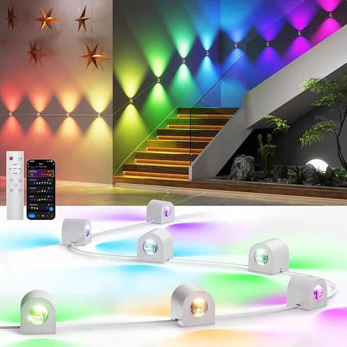 12-Light RGBCW Wall Sconce Light, Up/Down Bedroom Wall Lights, Music Sync, DIY-Styling Color-Changing Wall Lamps for Living Room Party Home Decor, Works with Alexa/Google Assistant, 31.8ft
