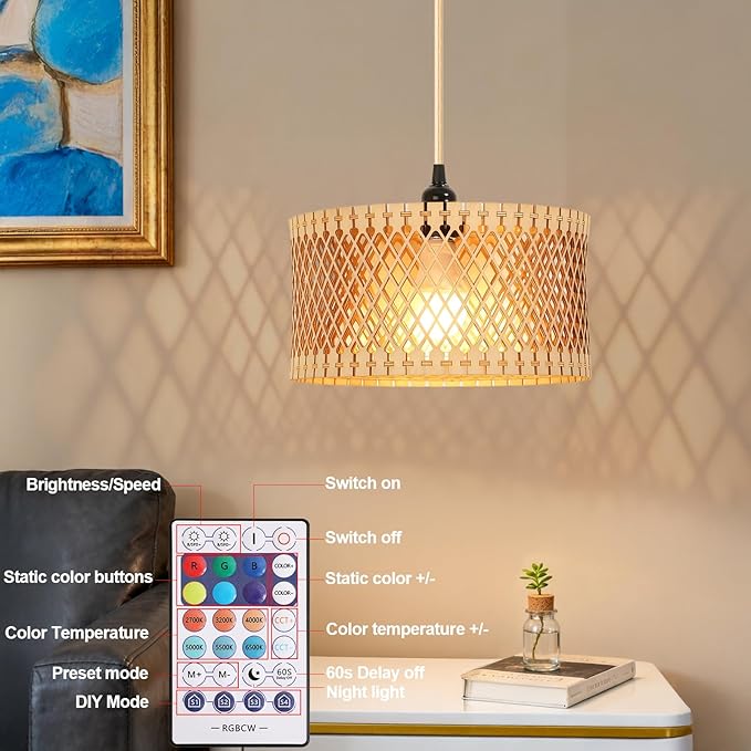 Hanging Lamp Plug in Pendant Light, 15FT Hanging Lights with Plug in Cord, Hanging Light with Bulb and Remote, Wood Shade Hanging Lamps for Bedroom, Living Room, Kitchen, Farmhouse