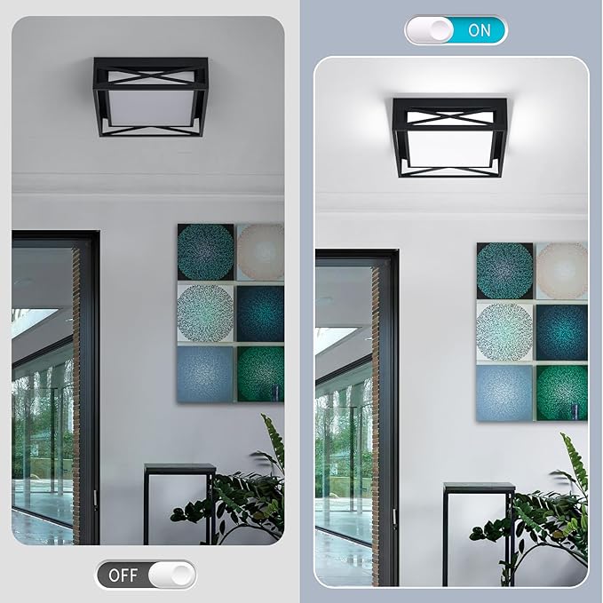 Modern LED Ceiling Light Fixture, 6000K Square LED Flush Mount Hallway Light Fixtures, Farmhouse Black Close to Ceiling Light for Hallway Bedroom Balcony Porch Stairway(Square, 12.6INCH)