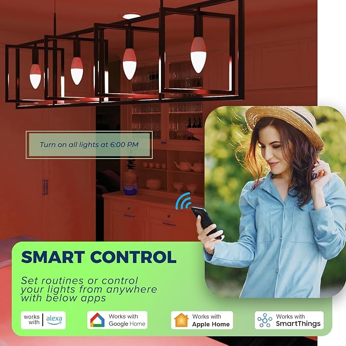 Lightinginside Matter Candelabra Smart Light Bulbs 60W Equivalent, 500LM 6W E12 LED Bulb Compatible with Alexa/Siri/Apple Home/Google Home/SmartThings, RGBCW Candle Bulb, 2.4G WiFi, ETL Listed, 2PCS