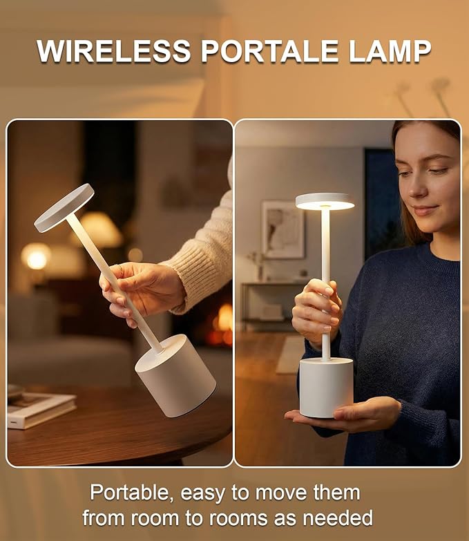 White Rechargeable Cordless Table Lamps Set, 5000mAh Battery Powered Wireless Table Light, Portable LED Desk Lamp, 3 Color Dimmable Lighting for Restaurant Dining Patio Outdoor Bedroom