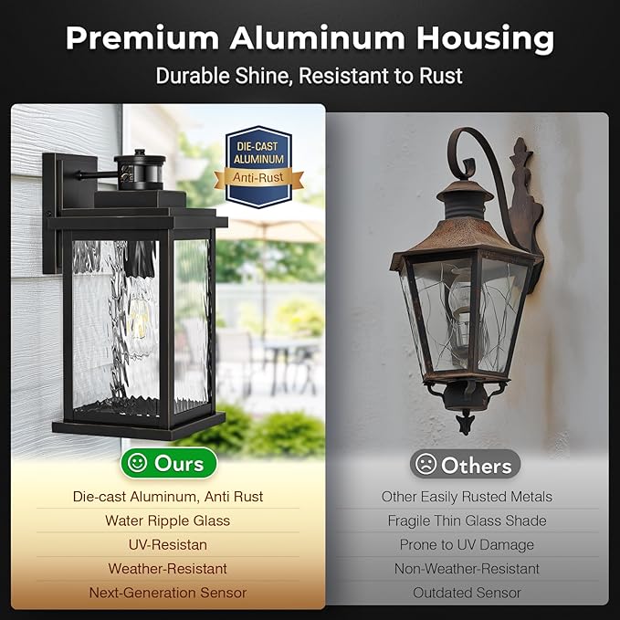 VIANIS Large Motion Sensor Outdoor Lights 2 Pack, Dusk to Dawn Outdoor Lighting with Water Glass, Easy-Install Aluminum Waterproof Hardwired Exterior Lights for Porch, Garage, Front Door