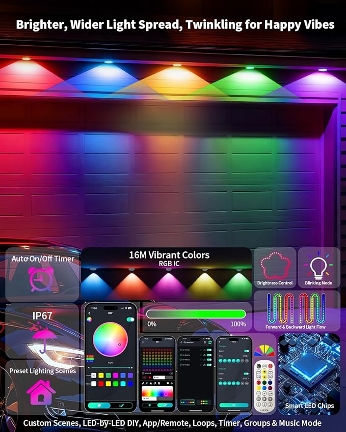 Permanent Outdoor Lights for House,200FT RGB IC Smart Permanent Eave Lighting with App/Remote Control,IP67 Waterproof,Music Sync,DIY Color Scenes,Year-Round Eaves Lighting for House Roof Decor