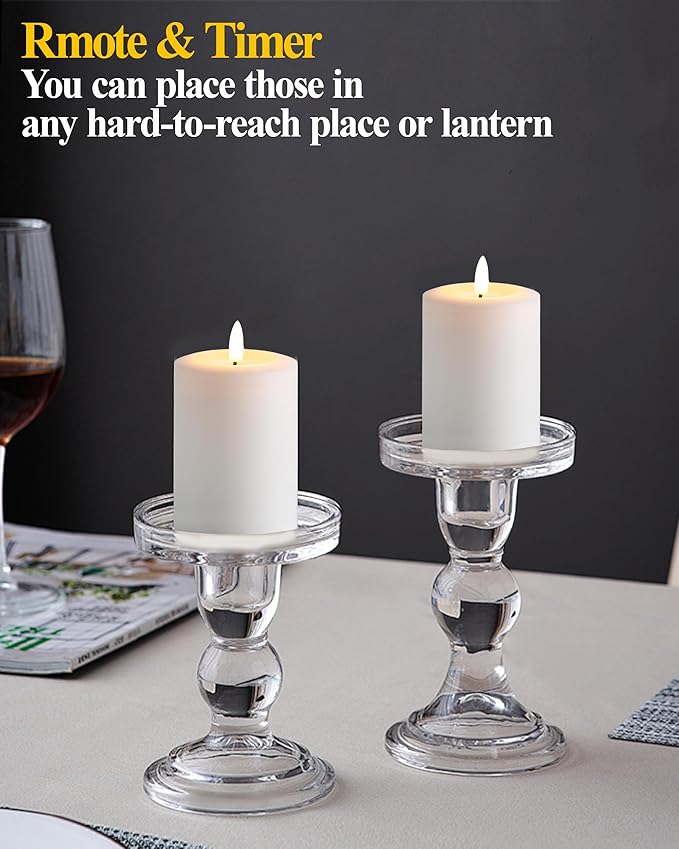 3"x5" Flickering Flameless Candles with Remote Timer, Real Wax, White Pillar Candles, Set of 3 Large LED Battery Operated Candles for Home, Fireplace, Centerpiece, Rustic and Farmhouse Decor