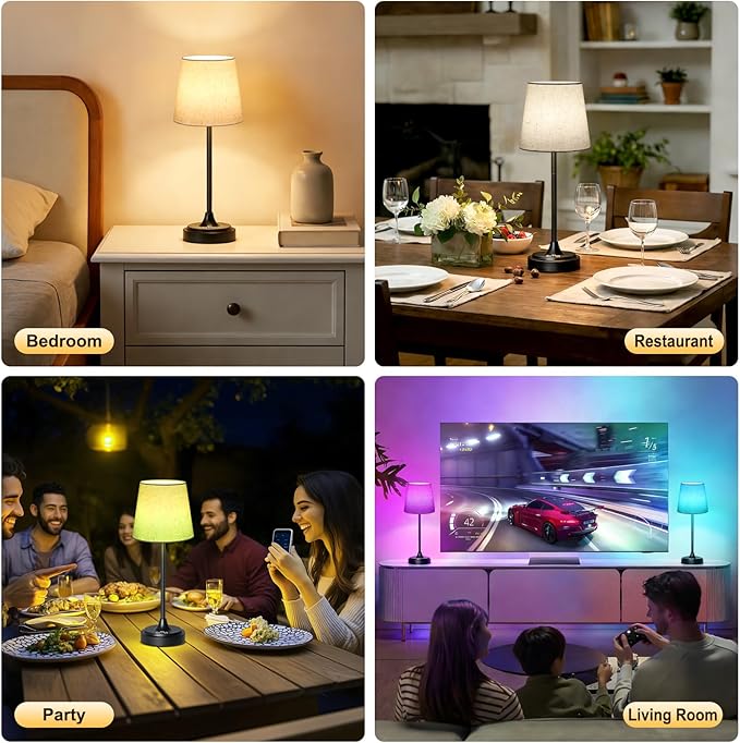 Cordless Table Lamp Rechargeable,5000mAh Battery Operated Desk Lamp,3 Colors & 7 RGB Stepless Dimmable,Touch Ambient Light for Bedside,Bedroom,Dining Room,Living Room,Black,FlaxenShade