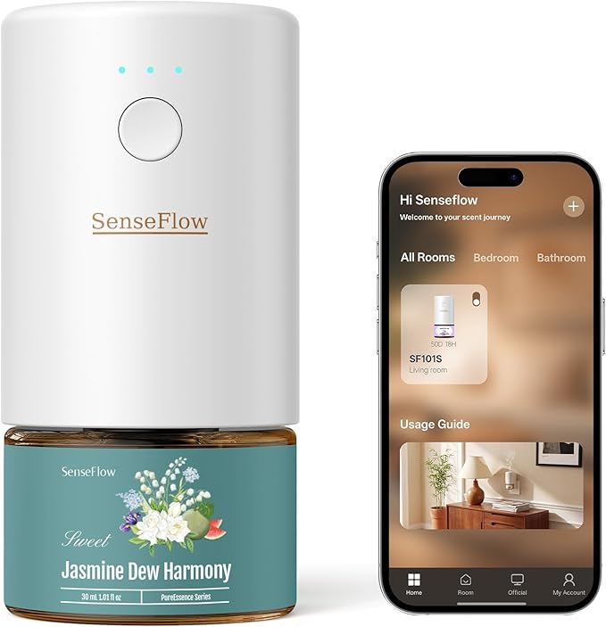 Essential Oil Diffuser for Home, Smart Waterless Aromatherapy Diffuser SF101S Pro, Plug in Room Scent with Timer & 120-Day Natural Aroma – Free 30ml Jasmine Dew Harmony(Teal & Aqua)