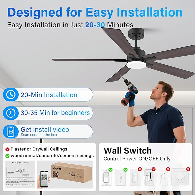 60” Smart Ceiling Fan with Lights Remote,Control via Alexa Google App Wifi,Silent DC Motor,Dimmable,Outdoor Indoor Modern Ceiling Fans for Large Bedroom Living Room Kitchen Patio,Black Walnut Brown
