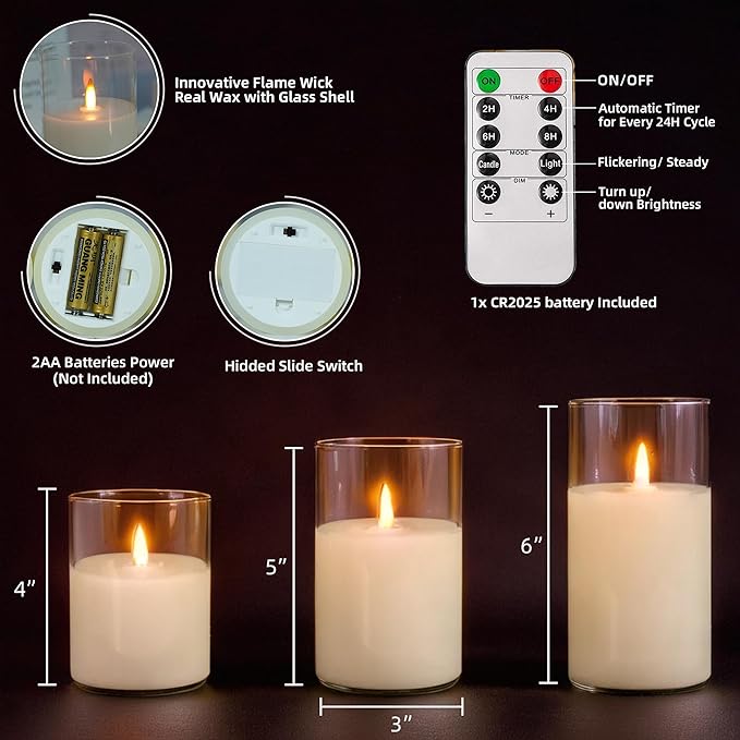 NICEME Clear Glass Flameless Candles Battery Operated with Remote Timer, Real Wax LED Pillar Candles with Flickering Flame Pure White Radiance Evanescing Fake Candles for Wedding Home Decor, Set of 3