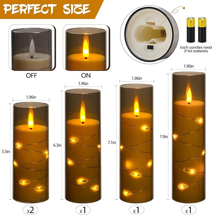 Da by Flameless Candle Light, Battery Candle with recessed String Light, 5 flameless Candles with 11-Key Remote Control, 24-Hour Timer Function, Dancing Flame, (no Battery)