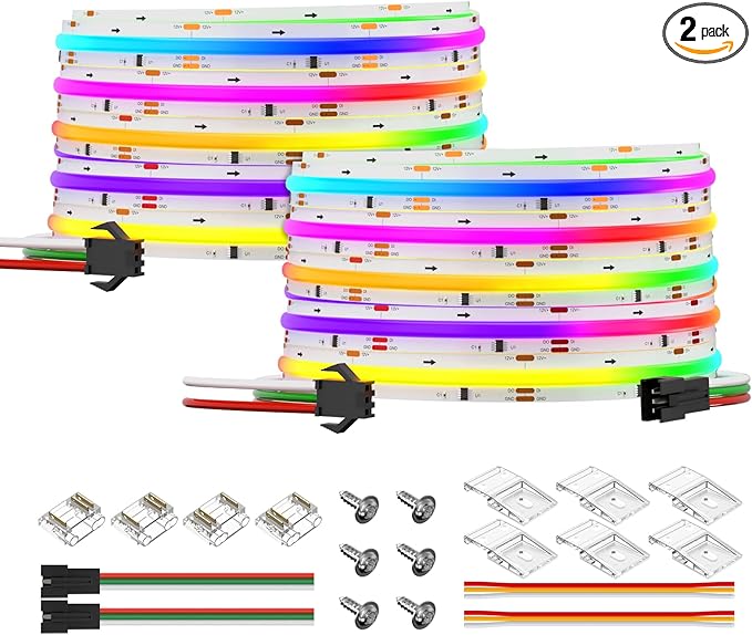 BTF-LIGHTING FCOB WS2811 IC RGB COB LED Strip DC12V 720LED/m Flexible High Density Uniform Chasing Color Light 2X16.4FT Total 32.8FT 20IC/m 12mm Width(No Adapter or Controller)