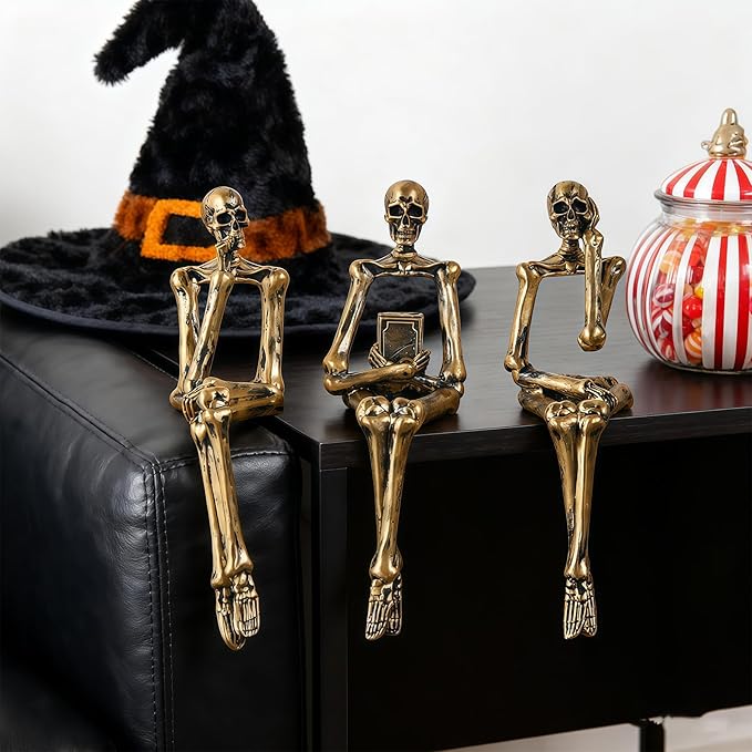 XINXUAN Halloween Decorations Skull Statue Home Decor - Modern Bookshelf & Desk Decor - 3 Piece Set (Retro - Gold)