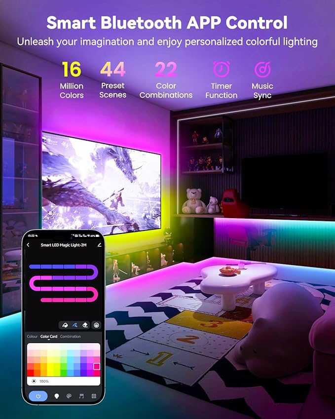 Pak RGB+IC LED Strip Lights for Bedroom & TV, 32.8ft Smart Lights with Remote APP Control, DIY 16 Million Colors, Music Sync Color Changing LED Lighting, 44 Scene Modes, Work with Alexa & Google