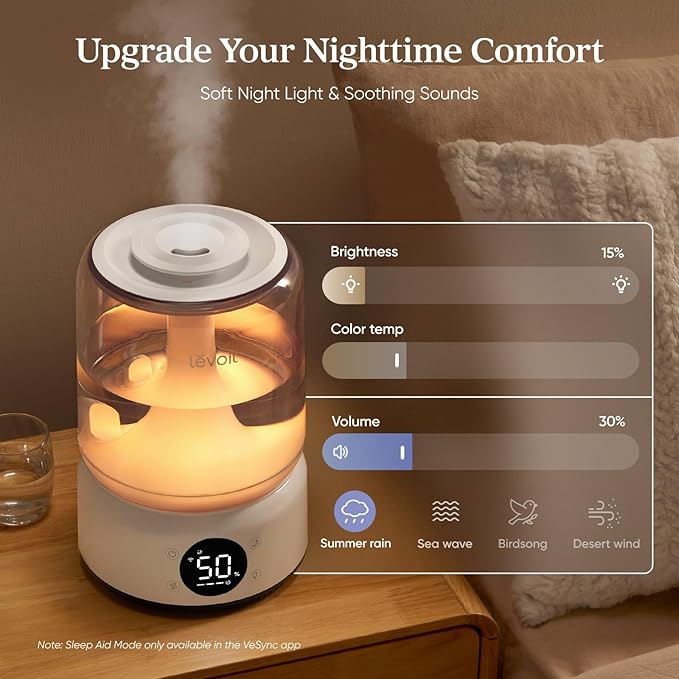 LEVOIT Smart Humidifiers for Bedroom, 4.2L Top Fill for Large Room with 42H Runtime, Dishwasher Safe Easy to Clean, 21dB Cool Mist for Baby, Plants, APP/Voice Control, Scene Mode With Light & Music