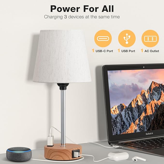 Acaxin Bedside Lamps for bedrooms Set of 2 - Nightstand Bedroom Lamp with USB C Port and AC Outlet Charging, 3 Way Dimmable Touch Control Small Bed Side Table Lamp, Nightstand Light for Kids