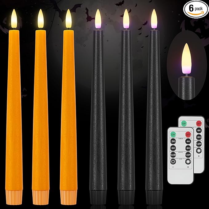 Orange and Black Flameless Taper Candles Flickering, Real Wax Halloween Candles with 2 Remote & Timer, Battery Operated Halloween Led Candle for Party Home Decor 6 Pack