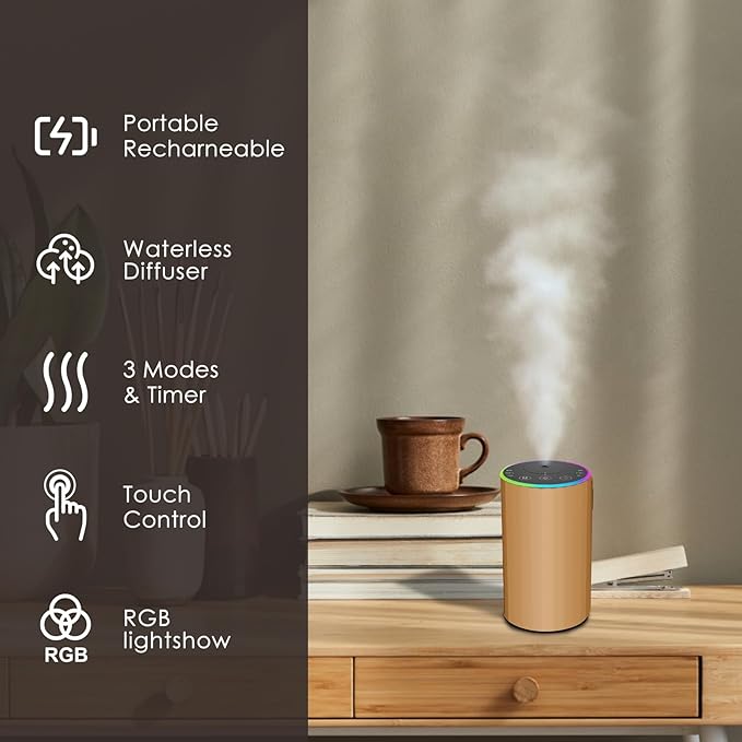 Waterless Essential Oil Diffuser, 7 Colors LED Light, Battery Powered Mini Scent Air Machine, Aromatherapy Mist Diffuser for Home Room Car Office，Black Aluminum Alloy (Gold)