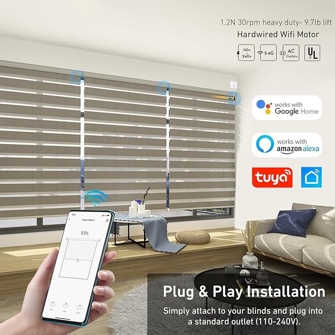 Rollerhouse AM25MEL Smart WiFi Blinds Motor for 1.5''/38mm Tubes - Tuya App Control, Alexa/Google Home, No Hub Needed - Works with Zebra/Roman/Roller Shades - 110-240V AC Plug-in, Ultra Quiet (30dB)