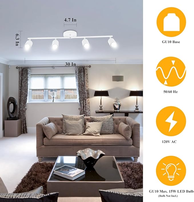 BoostArea LED 4 Light Track Lighting Kit, White 4 Way Ceiling Spot Lighting, Flexibly Rotatable Light Head for Kitchen, Living Room, Bedroom, Bulb Not Included
